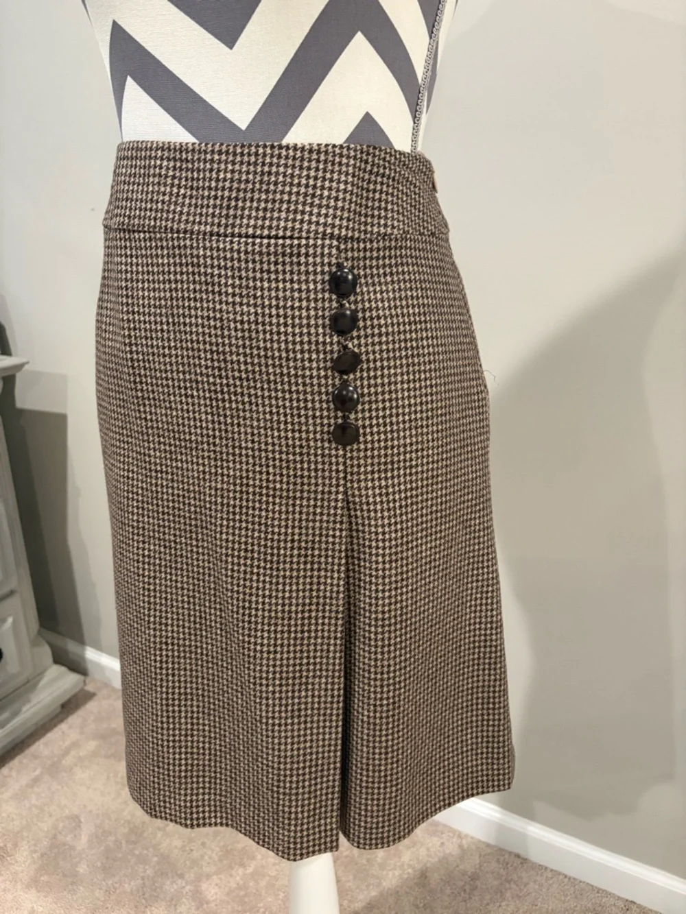 Talbots Vintage Academia Brown & Black Houndstooth Skirt with Side Button Detail - Picture 1 of 6